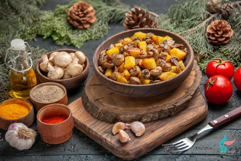 تصویری از یک خوراک قارچ و سیب زمینی پخته در کنار مواد اولیه این غذا