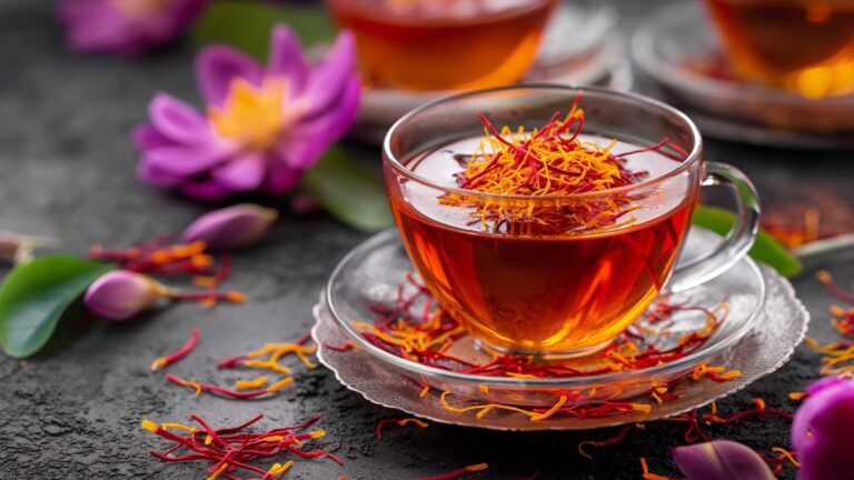 رشته‌های قرمز و خوشرنگ زعفران خالص و دمنوش زعفران در یک فنجان شیشه‌ای در کنار گلهای بنفش زعفران